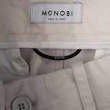 MONOBI label detail of BIO GABARDINE ORIGIN CHINO / NATURALE