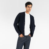 model wears PURE CASHMERE TIMELESS CARDIGAN 5G / BELUGA