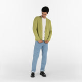 model wears PURE CASHMERE TIMELESS CARDIGAN 5G / GRASS