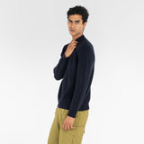 model wears PURE CASHMERE MOCK NECK SWEATER 7G / BELUGA