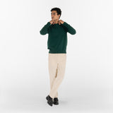model wears AGELESS CORDUROY PANTS / NATURALE