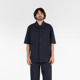 front of seersucker short sleeved shirt in blue colour