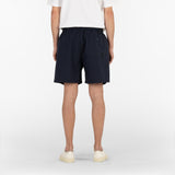 back position of the seersucker drawstring shorts in blue colour
