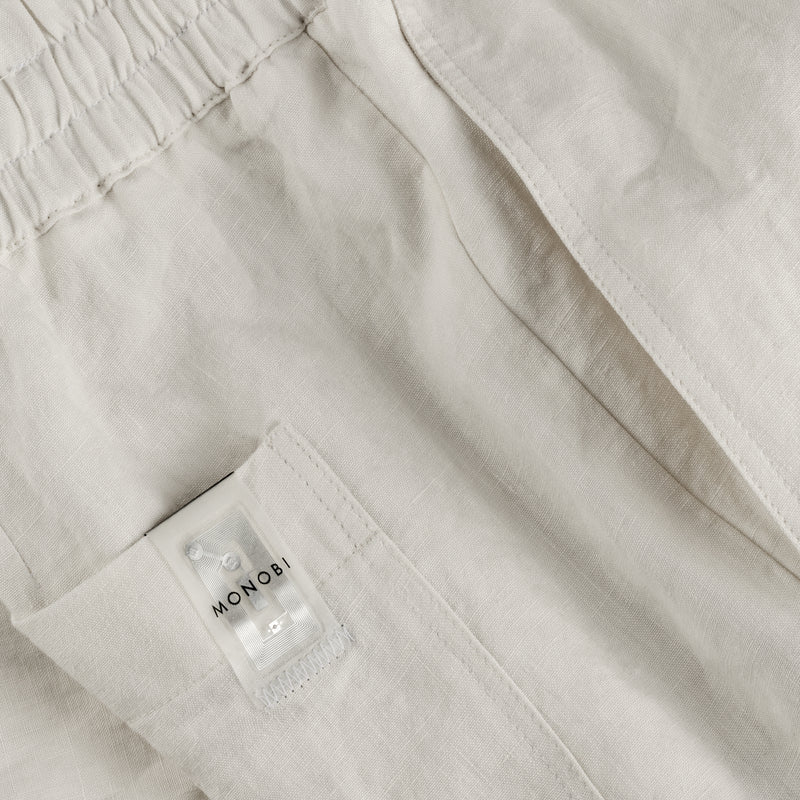 Etichetta NFC e dettagli delle tasche di EASY LINEN PANTS / SABBIA