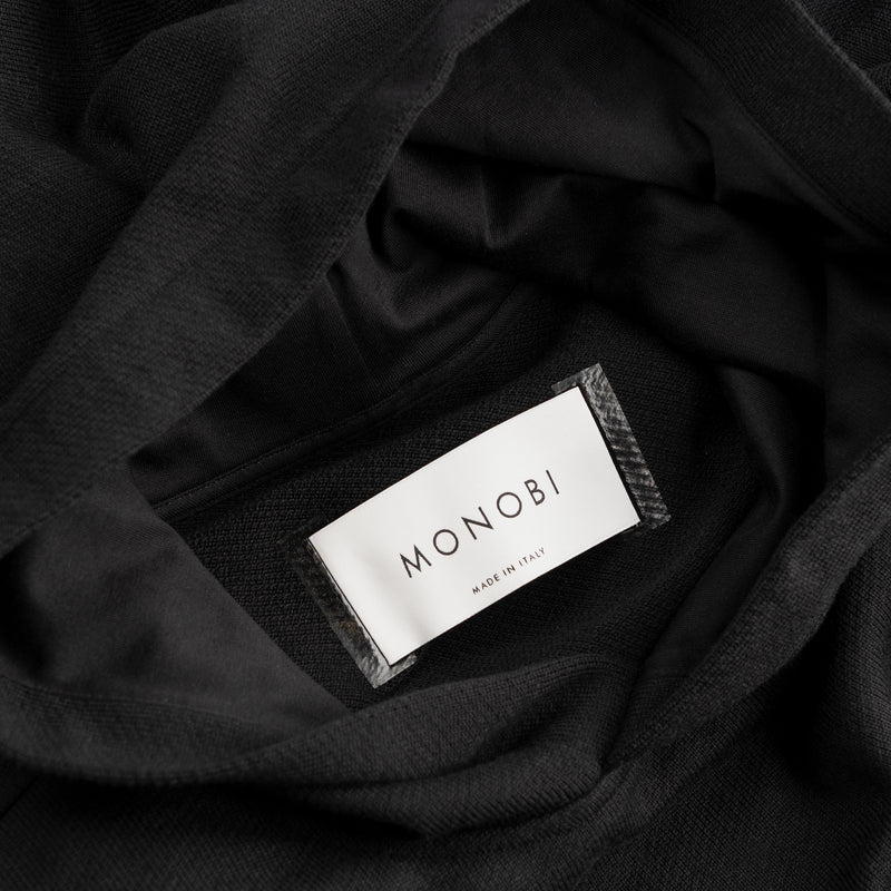 MONOBI label detail of superior wool loungewear hoodie color black